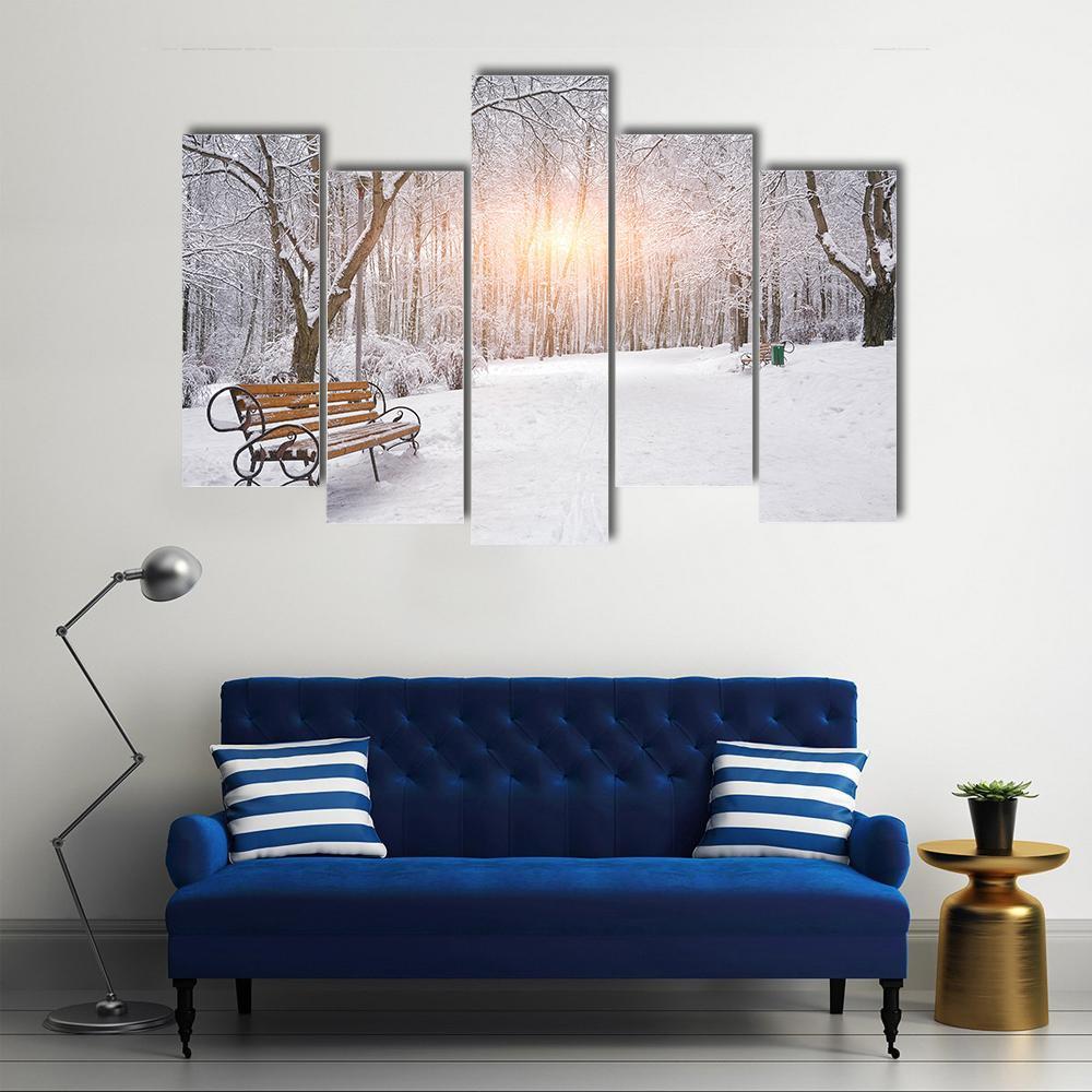Snow Covered Trees And Benches In The City Park Sunset Canvas Wall Art-5 Pop-Gallery Wrap-47" x 32"-Tiaracle