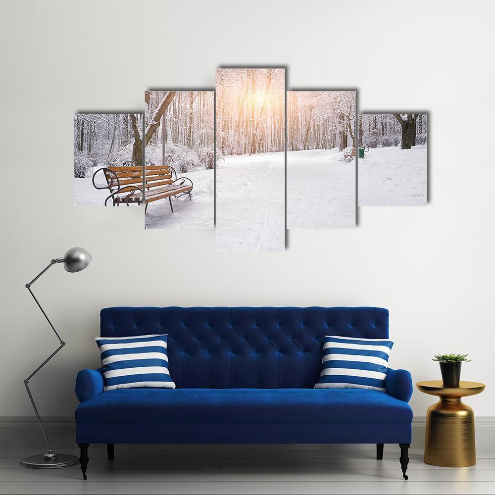 Snow Covered Trees And Benches In The City Park Sunset Canvas Wall Art-5 Star-Gallery Wrap-62" x 32"-Tiaracle