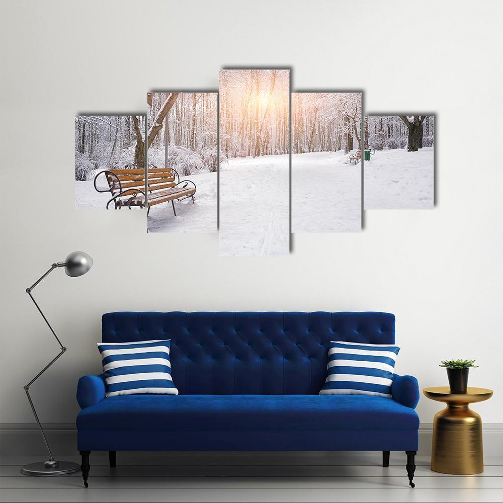 Snow Covered Trees And Benches In The City Park Sunset Canvas Wall Art-3 Horizontal-Gallery Wrap-37" x 24"-Tiaracle