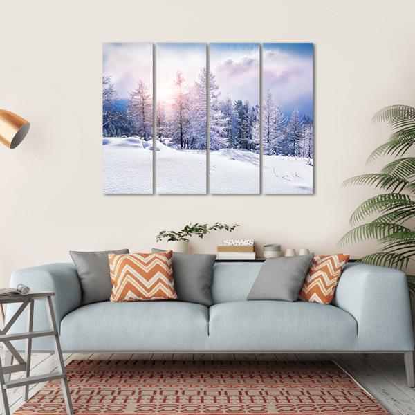Snow Covered Trees In The Mountains At Sunset Canvas Wall Art-4 Horizontal-Gallery Wrap-34" x 24"-Tiaracle