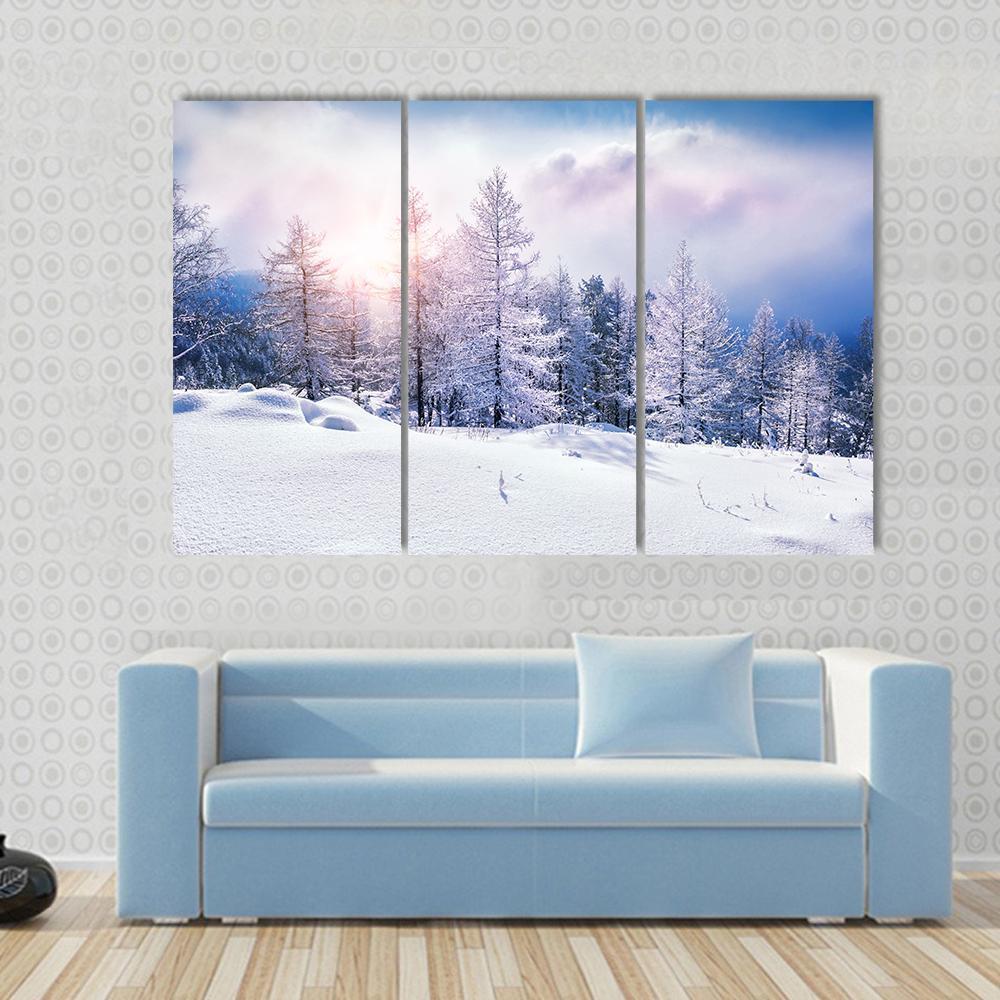 Snow Covered Trees In The Mountains At Sunset Canvas Wall Art-3 Horizontal-Gallery Wrap-37" x 24"-Tiaracle