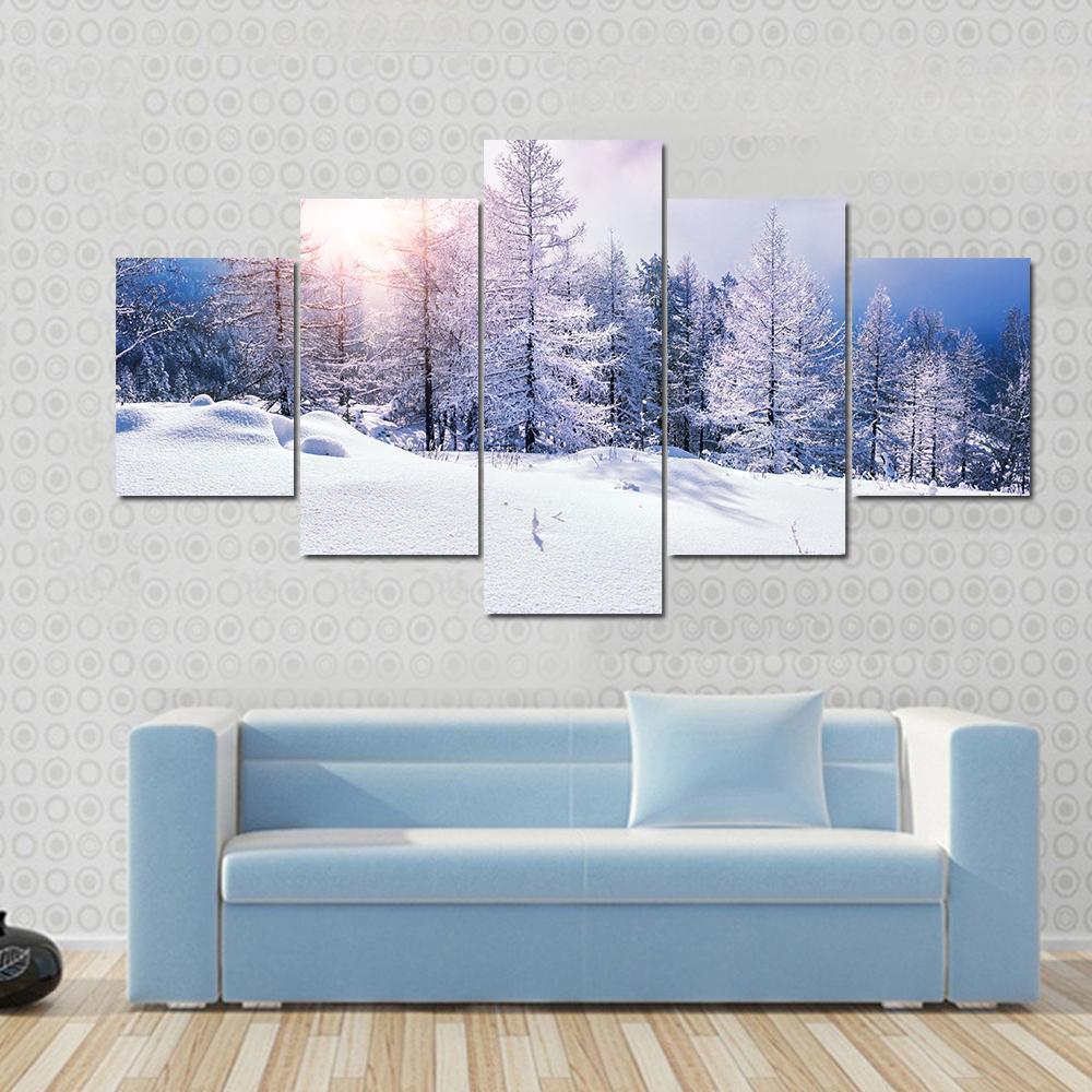 Snow Covered Trees In The Mountains At Sunset Canvas Wall Art-3 Horizontal-Gallery Wrap-37" x 24"-Tiaracle