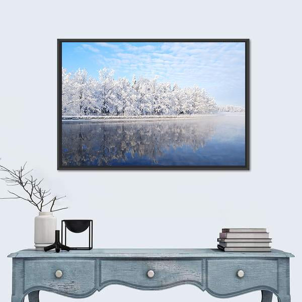 Snow Covered Trees Reflecting In The Icy Water Canvas Wall Art-1 Piece-Floating Frame-24" x 16"-Tiaracle