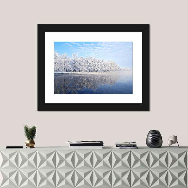 Snow Covered Trees Reflecting In The Icy Water Canvas Wall Art-1 Piece-Framed Print-20" x 16"-Tiaracle