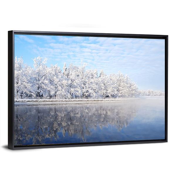 Snow Covered Trees Reflecting In The Icy Water Canvas Wall Art-3 Horizontal-Gallery Wrap-25" x 16"-Tiaracle
