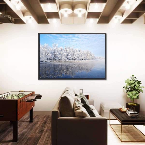 Snow Covered Trees Reflecting In The Icy Water Canvas Wall Art-3 Horizontal-Gallery Wrap-25" x 16"-Tiaracle