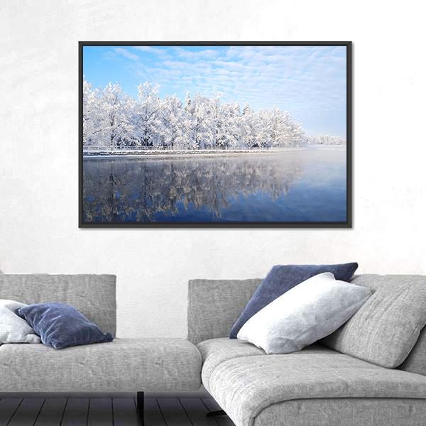 Snow Covered Trees Reflecting In The Icy Water Canvas Wall Art-3 Horizontal-Gallery Wrap-25" x 16"-Tiaracle
