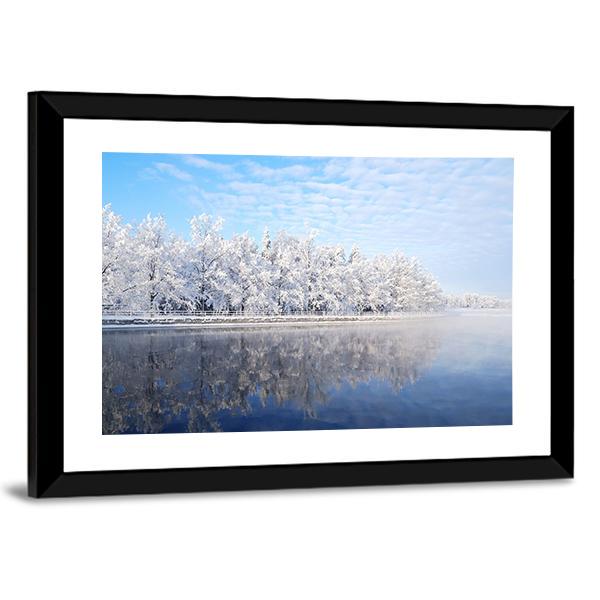Snow Covered Trees Reflecting In The Icy Water Canvas Wall Art-3 Horizontal-Gallery Wrap-25" x 16"-Tiaracle