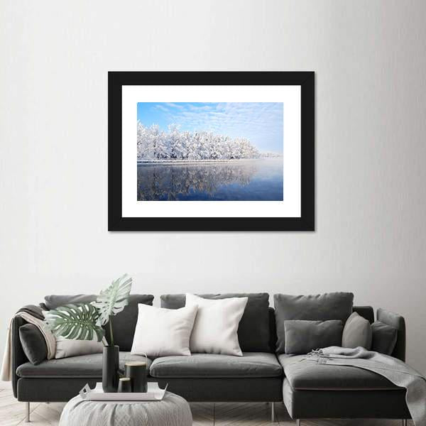 Snow Covered Trees Reflecting In The Icy Water Canvas Wall Art-3 Horizontal-Gallery Wrap-25" x 16"-Tiaracle