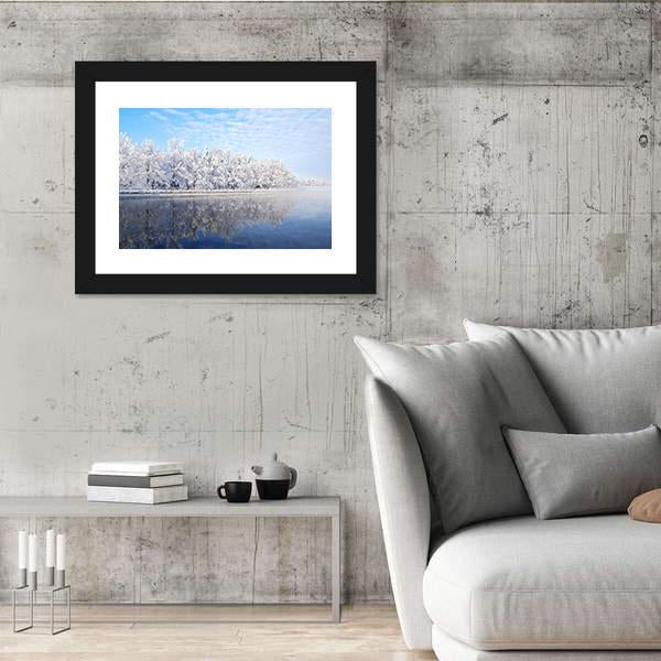 Snow Covered Trees Reflecting In The Icy Water Canvas Wall Art-3 Horizontal-Gallery Wrap-25" x 16"-Tiaracle