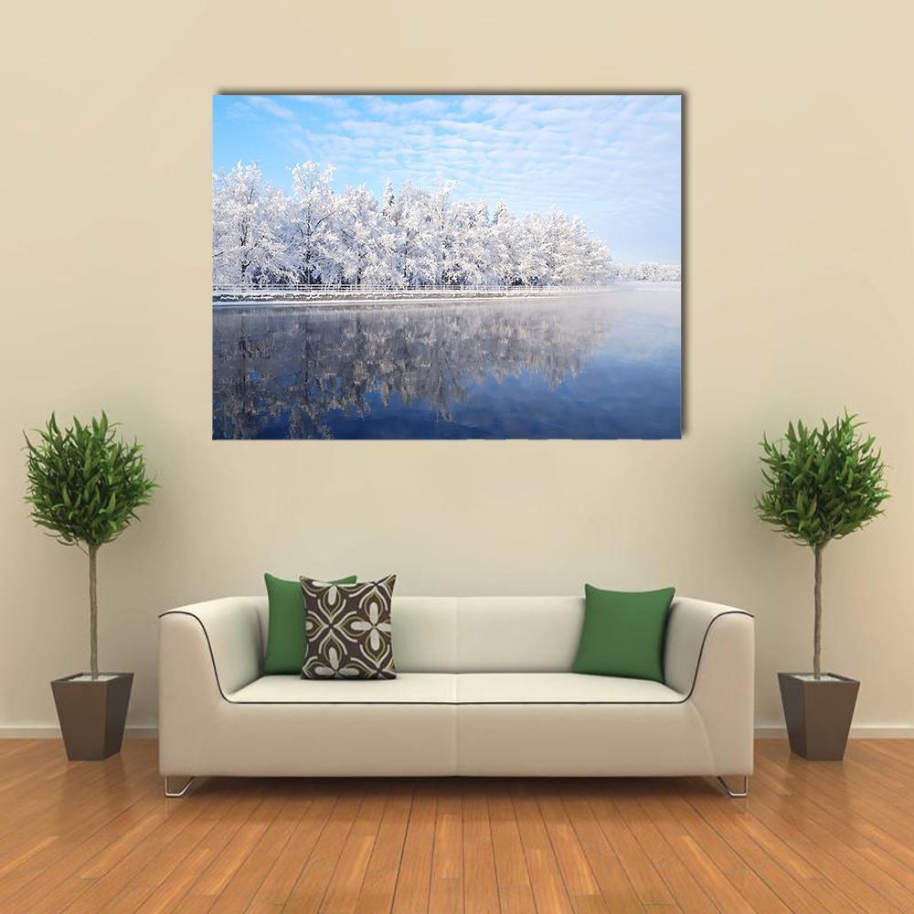 Snow Covered Trees Reflecting In The Icy Water Canvas Wall Art-1 Piece-Gallery Wrap-48" x 32"-Tiaracle