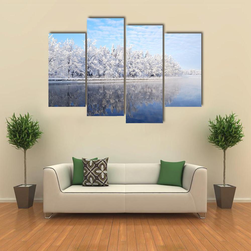 Snow Covered Trees Reflecting In The Icy Water Canvas Wall Art-4 Pop-Gallery Wrap-50" x 32"-Tiaracle