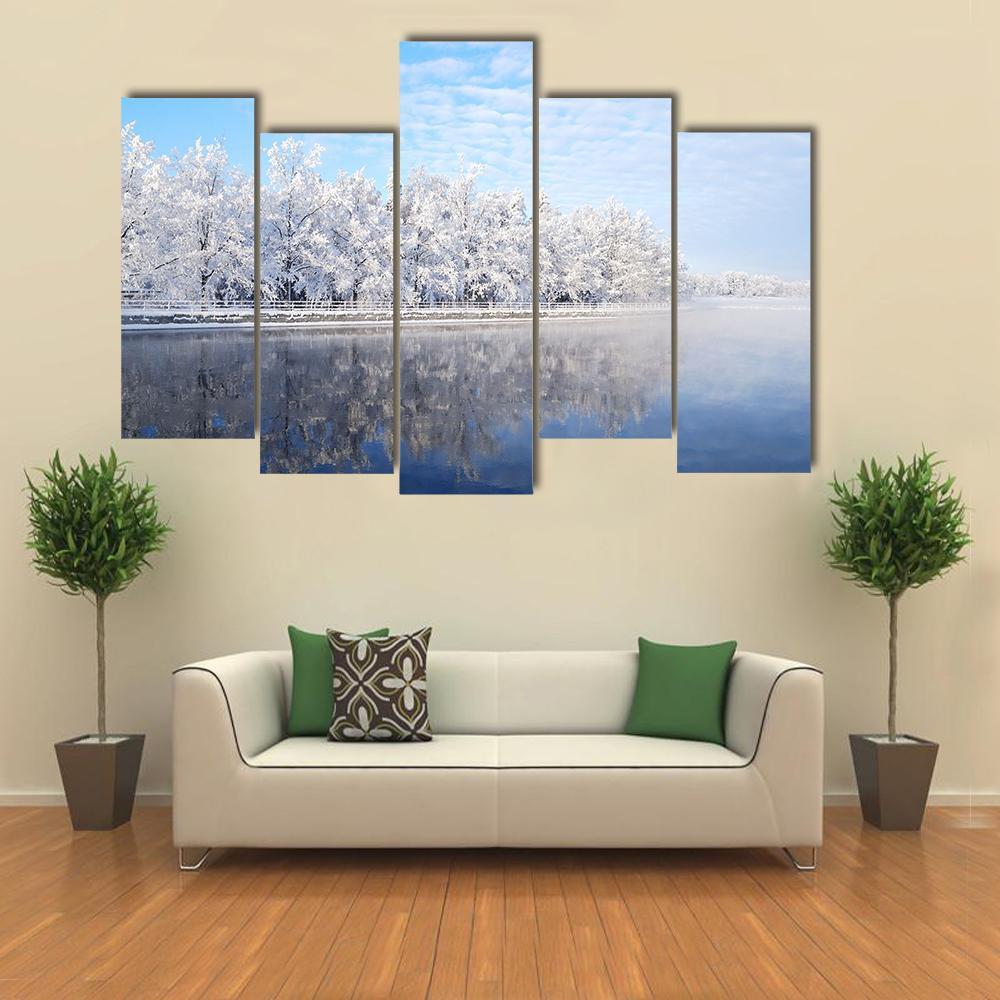 Snow Covered Trees Reflecting In The Icy Water Canvas Wall Art-5 Pop-Gallery Wrap-47" x 32"-Tiaracle