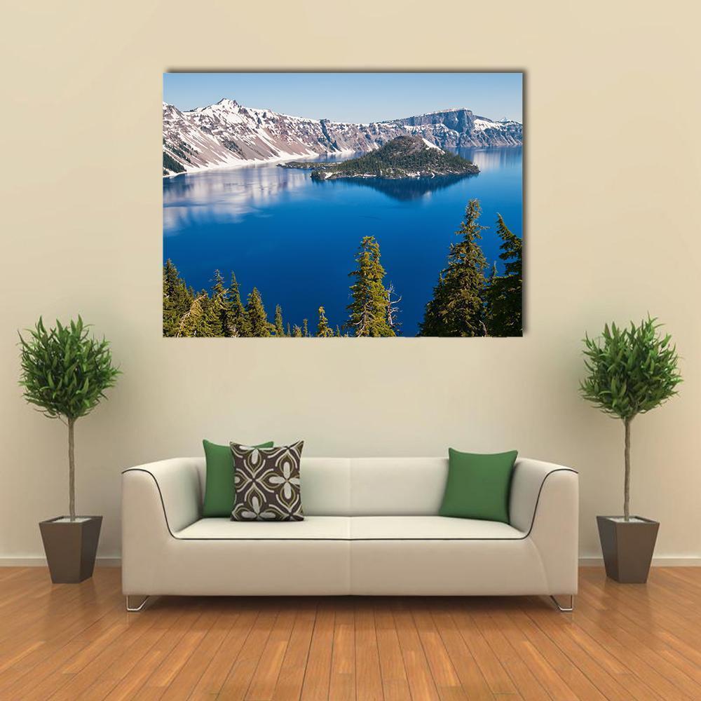 Snow in Summer on Crater Lake Canvas Wall Art in white, green and blue, single panel hung on a wall