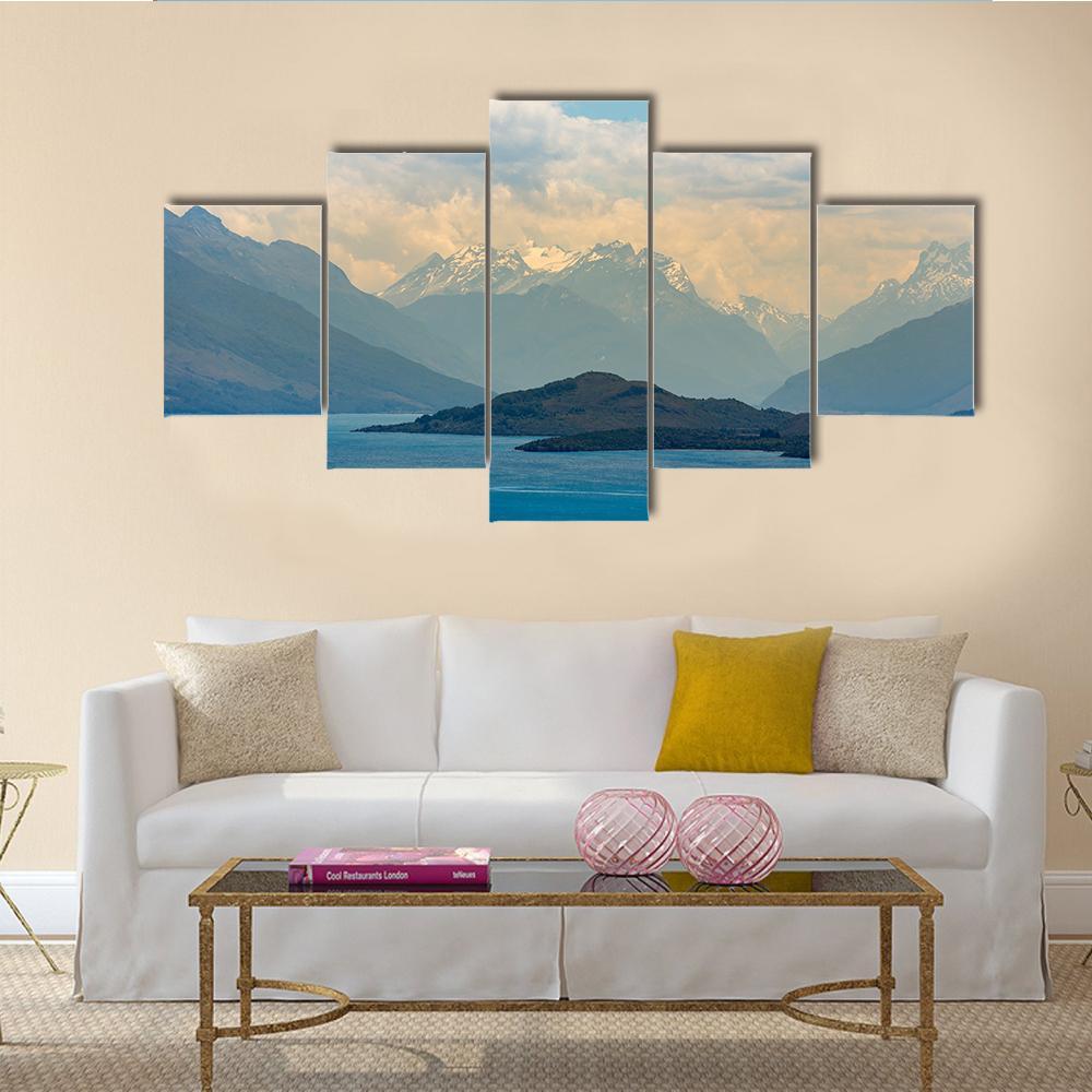 Snow Mountain At Wakatipu Lake Canvas Wall Art-5 Star-Gallery Wrap-62" x 32"-Tiaracle