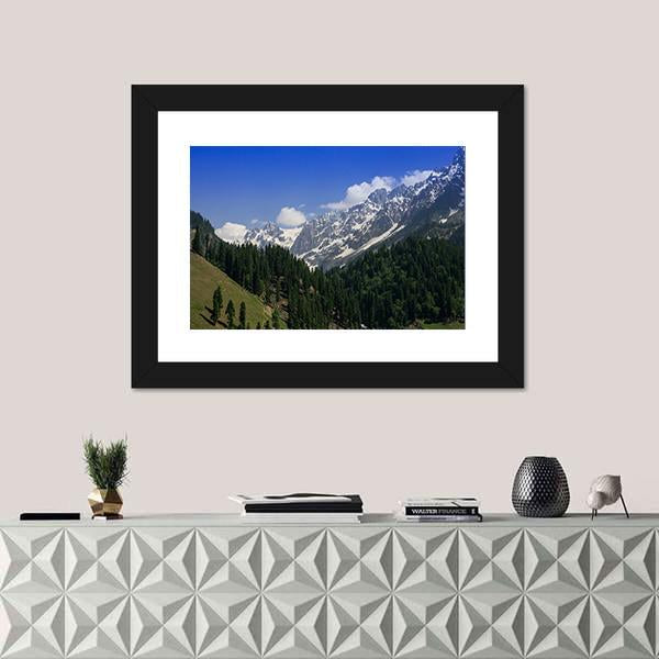 Snow Mountain With Pine Forest Canvas Wall Art-1 Piece-Framed Print-20" x 16"-Tiaracle