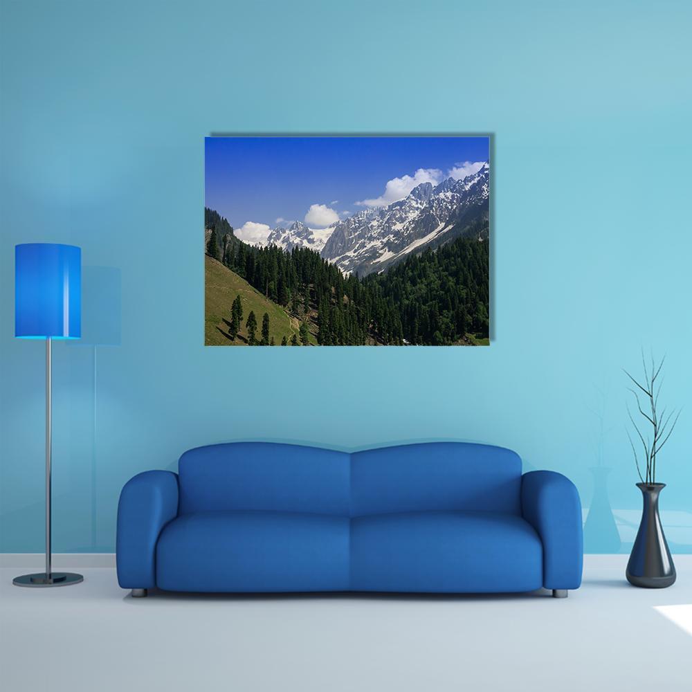 Snow Mountain With Pine Forest Canvas Wall Art-1 Piece-Gallery Wrap-48" x 32"-Tiaracle