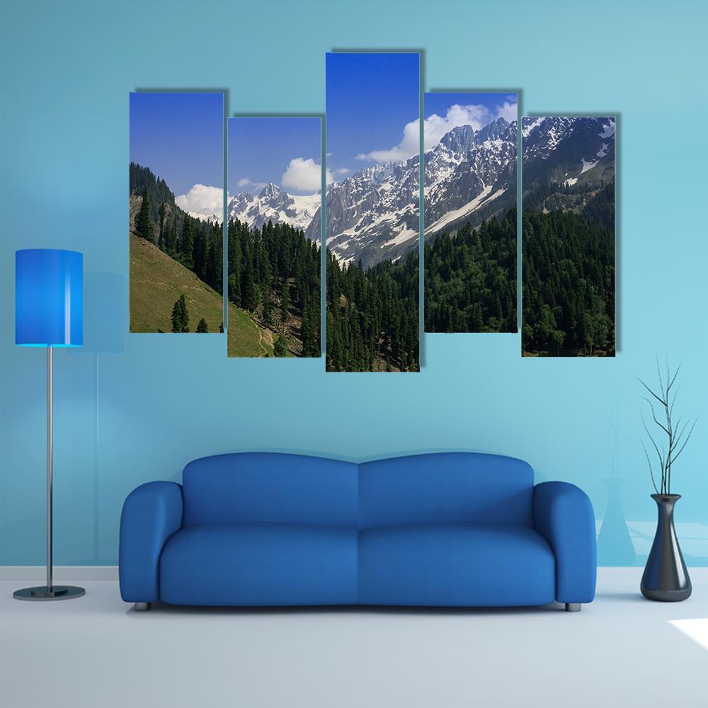 Snow Mountain With Pine Forest Canvas Wall Art-5 Pop-Gallery Wrap-47" x 32"-Tiaracle