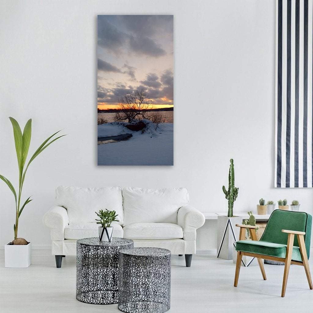Snow Near Lake At Sunset Vertical Canvas Wall Art-1 Vertical-Gallery Wrap-12" x 24"-Tiaracle