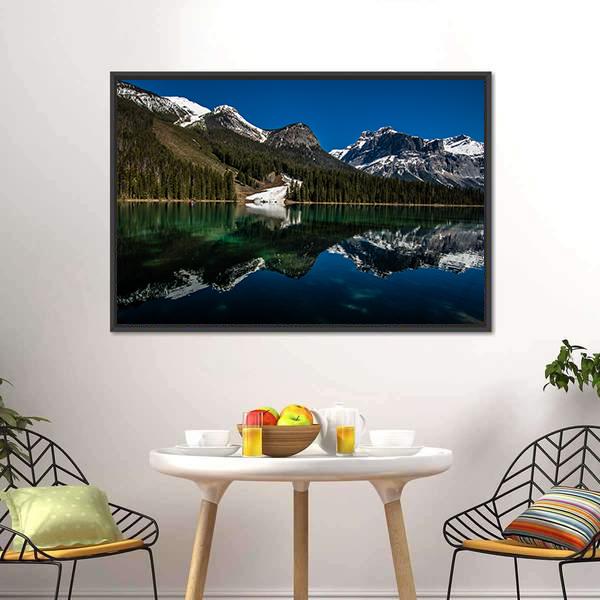 Snow On Emerald Lake Canvas Wall Art-1 Piece-Floating Frame-24" x 16"-Tiaracle