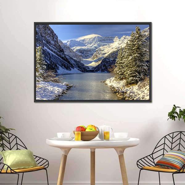 Snow on Lake Louise Canvas Wall Art in white, gray and blue, framed canvas, product view on a white background