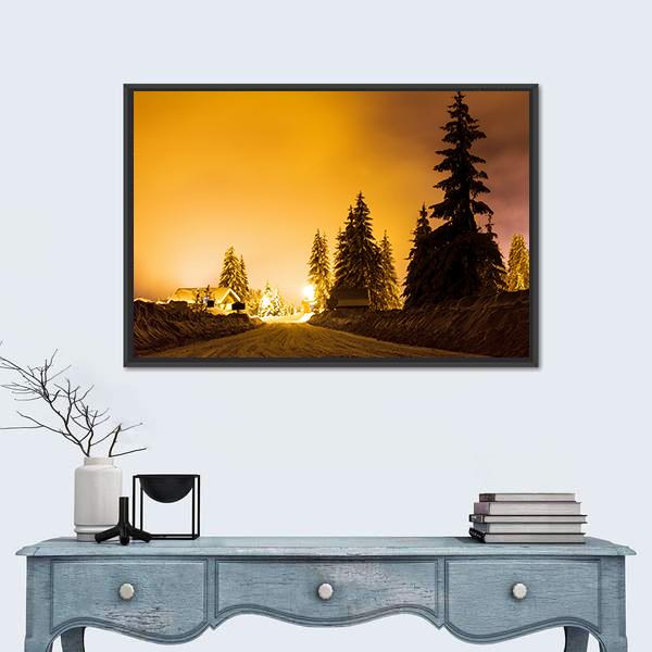 Snow On Trees In Street Light Canvas Wall Art-1 Piece-Floating Frame-24" x 16"-Tiaracle