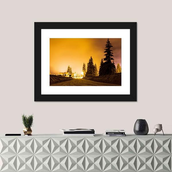 Snow On Trees In Street Light Canvas Wall Art-1 Piece-Framed Print-20" x 16"-Tiaracle