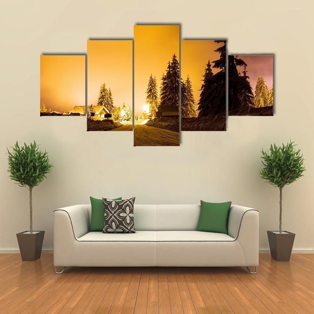 Snow On Trees In Street Light Canvas Wall Art-5 Star-Gallery Wrap-62" x 32"-Tiaracle