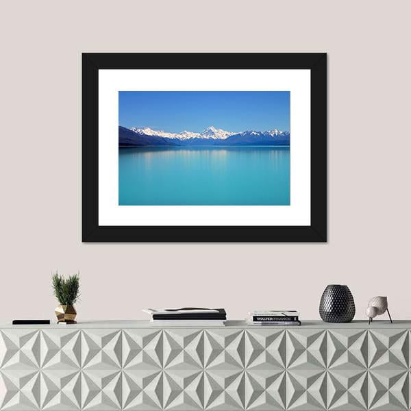 Snow Peaks Reflecting In The Lake Canvas Wall Art-1 Piece-Framed Print-20" x 16"-Tiaracle