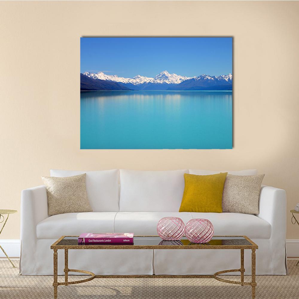 Snow Peaks Reflecting In The Lake Canvas Wall Art-5 Star-Gallery Wrap-62" x 32"-Tiaracle