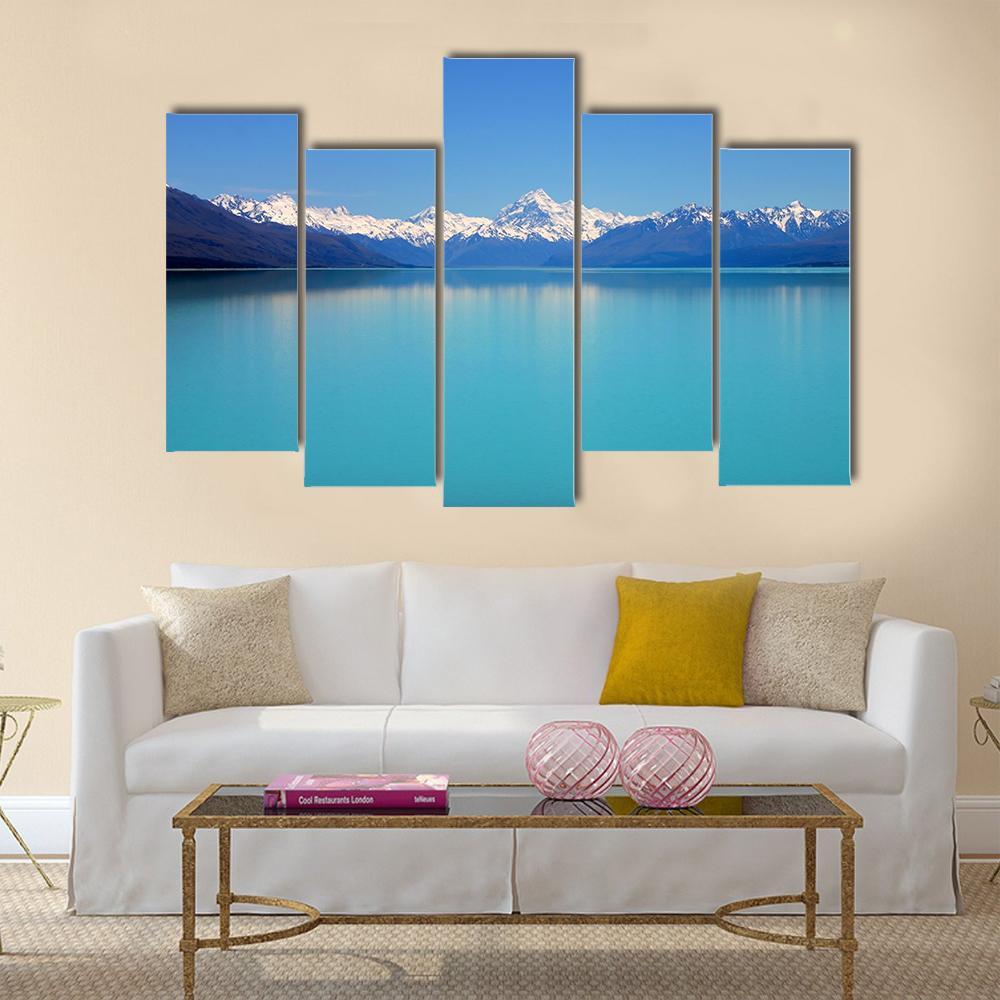 Snow Peaks Reflecting In The Lake Canvas Wall Art-5 Pop-Gallery Wrap-47" x 32"-Tiaracle