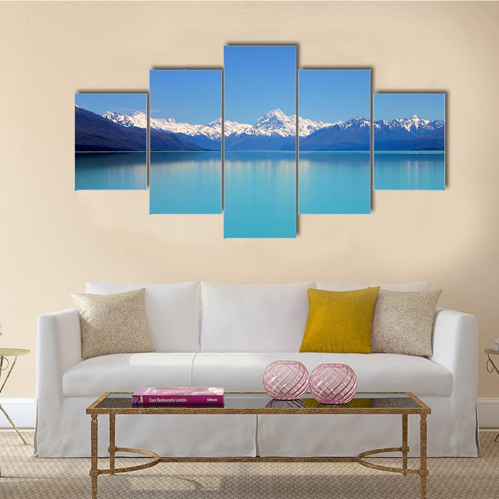 Snow Peaks Reflecting In The Lake Canvas Wall Art-5 Star-Gallery Wrap-62" x 32"-Tiaracle