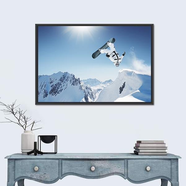 Snowboard Jump Canvas Wall Art in white and blue, 4 panel Pop layout hung on a wall