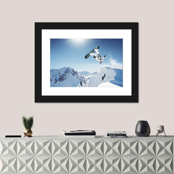 Snowboard Jump Canvas Wall Art in white and blue, 4 panel Pop layout hung on a wall