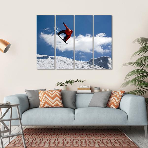 Snowboarder Jump From Snow Ramp Canvas Wall Art-4 Horizontal-Gallery Wrap-34" x 24"-Tiaracle