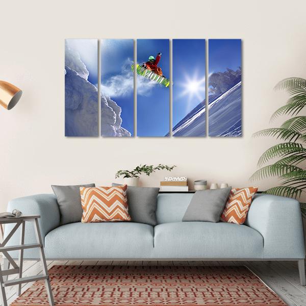 Snowboarder Jumping Against Blue Sky Canvas Wall Art-5 Horizontal-Gallery Wrap-22" x 12"-Tiaracle