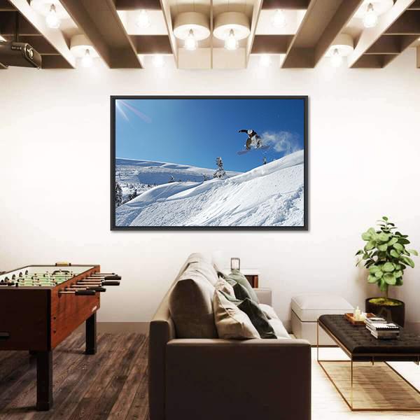 Snowboarder Jumping From A Cliff In Snow Powder Canvas Wall Art-3 Horizontal-Gallery Wrap-25" x 16"-Tiaracle