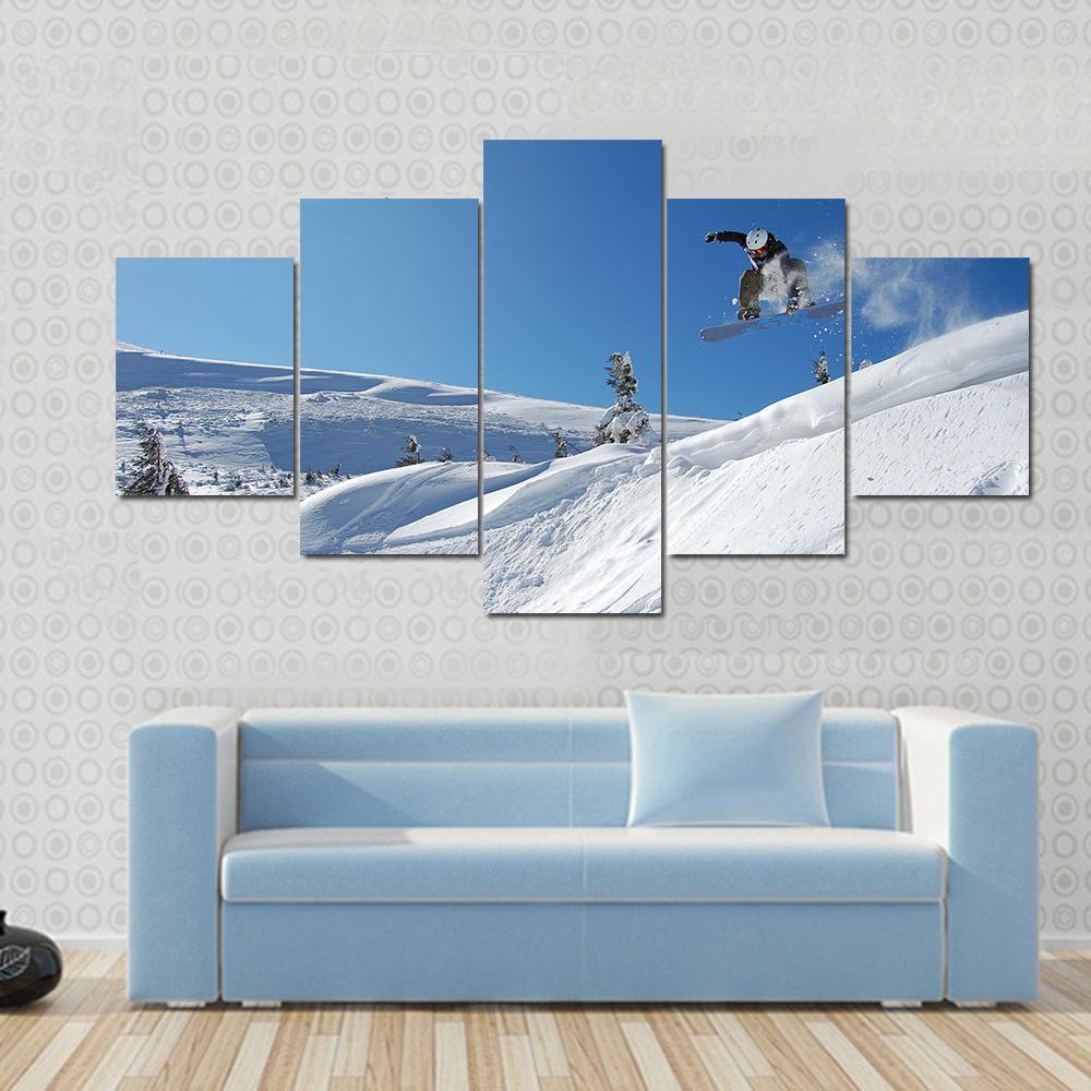 Snowboarder Jumping From A Cliff In Snow Powder Canvas Wall Art-1 Piece-Gallery Wrap-48" x 32"-Tiaracle