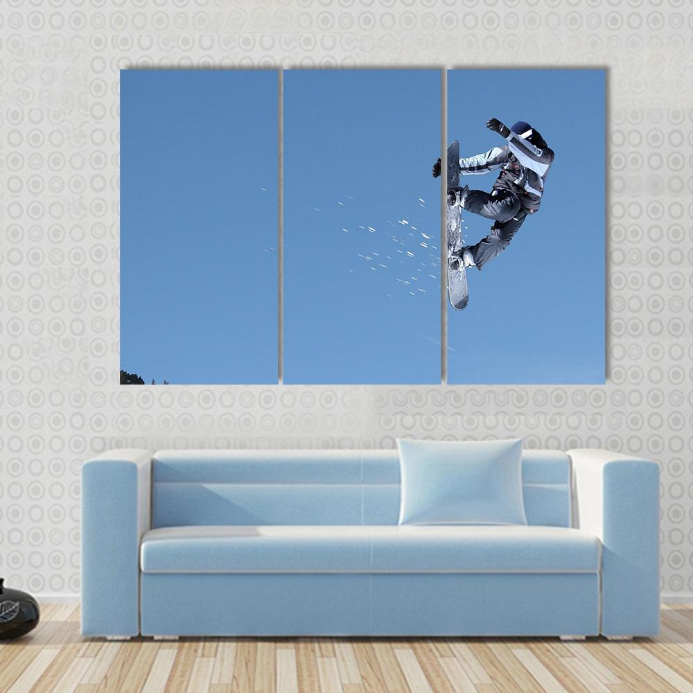 Snowboarder Jumping High At Lake Tahoe Resort Canvas Wall Art-3 Horizontal-Gallery Wrap-37" x 24"-Tiaracle