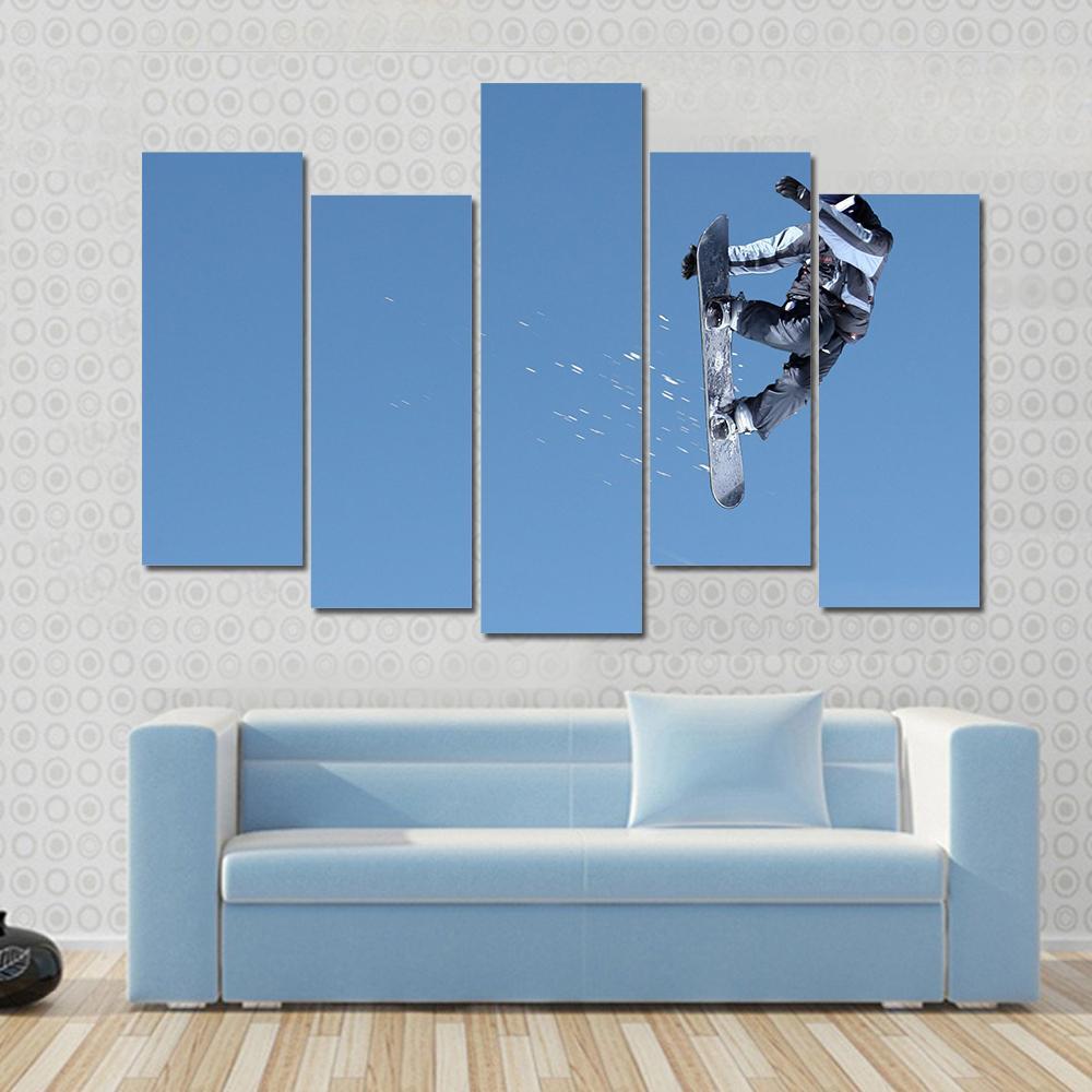 Snowboarder Jumping High At Lake Tahoe Resort Canvas Wall Art-5 Pop-Gallery Wrap-47" x 32"-Tiaracle