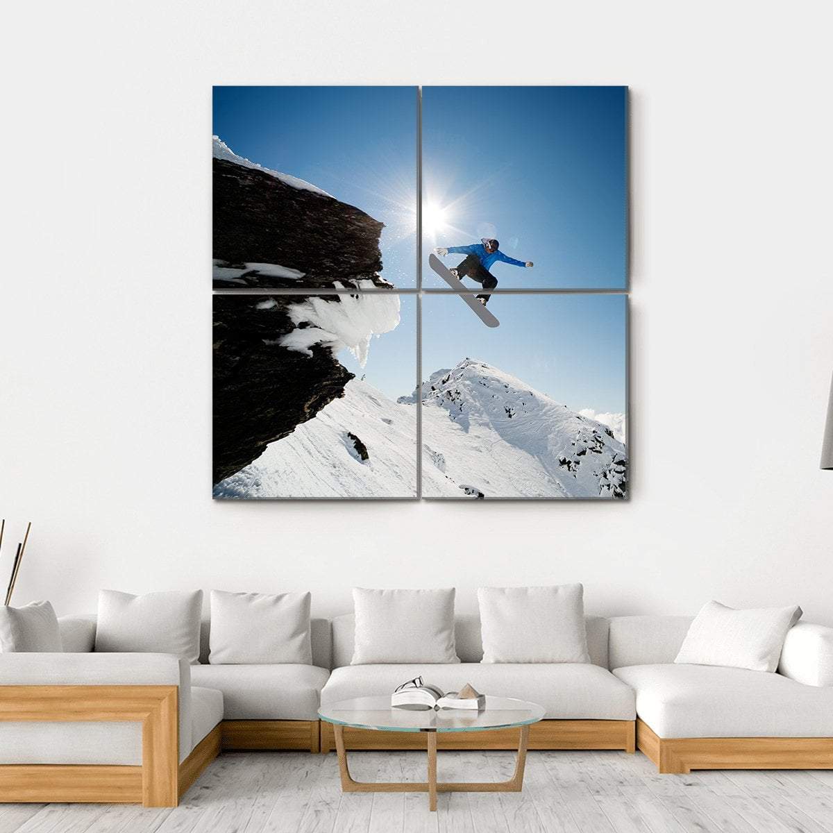 Snowboarder Jumping Through Air After Rock Drop Canvas Wall Art-4 Square-Gallery Wrap-17" x 17"-Tiaracle