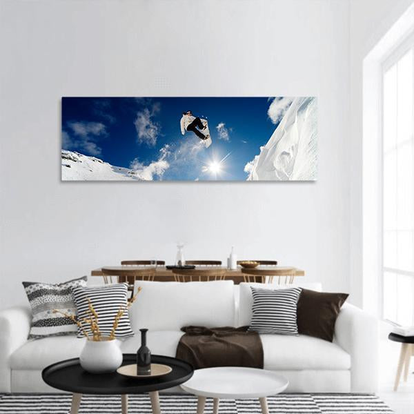 Snowboarder Jumping Through Air Panoramic Canvas Wall Art-1 Piece-36" x 12"-Tiaracle