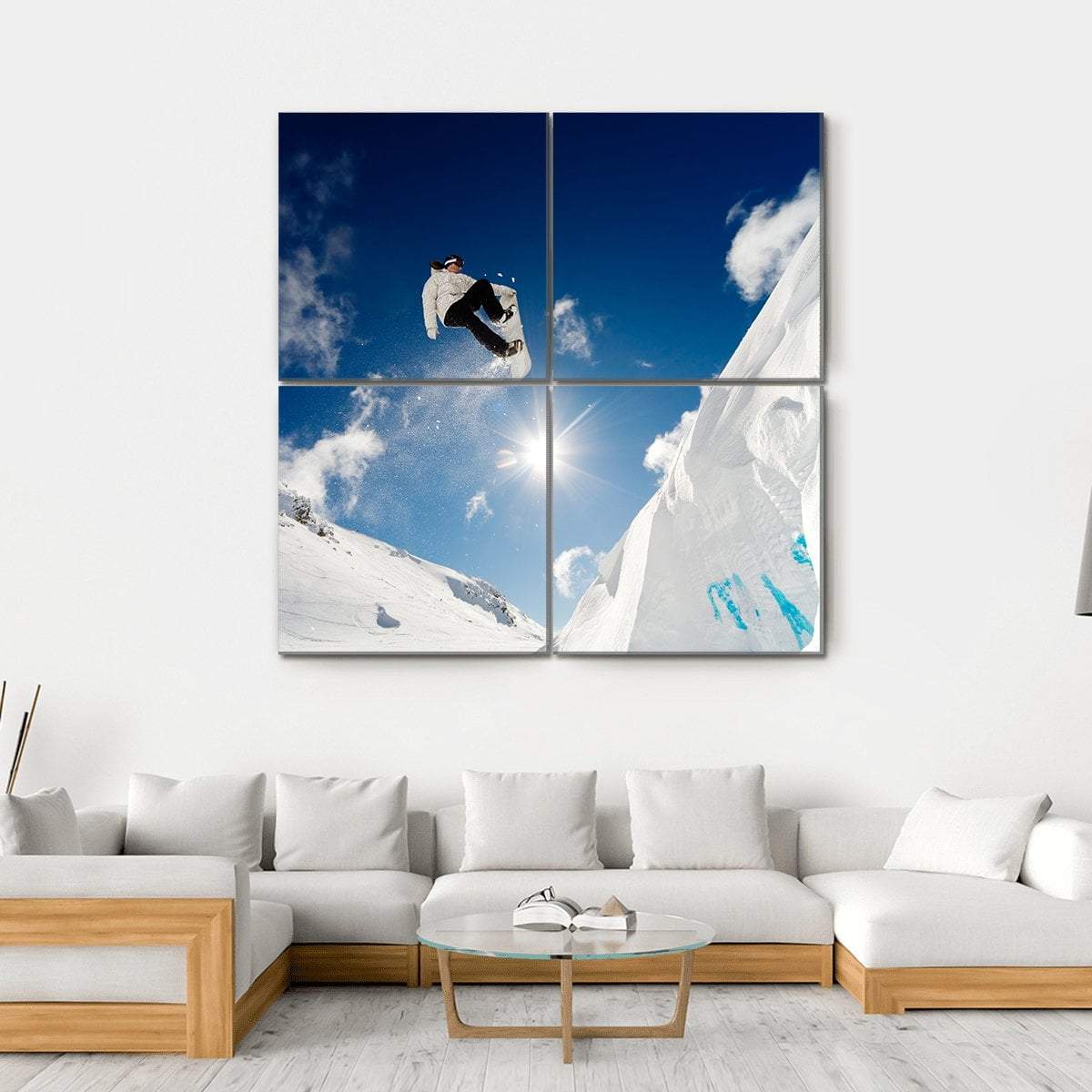 Snowboarder Jumping Through The Air With Blue Sky Canvas Wall Art-4 Square-Gallery Wrap-17" x 17"-Tiaracle