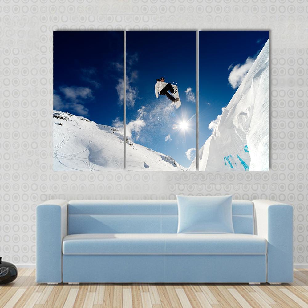 Snowboarder Jumping Through The Air With Blue Sky Canvas Wall Art-3 Horizontal-Gallery Wrap-37&quot; x 24&quot;-Tiaracle
