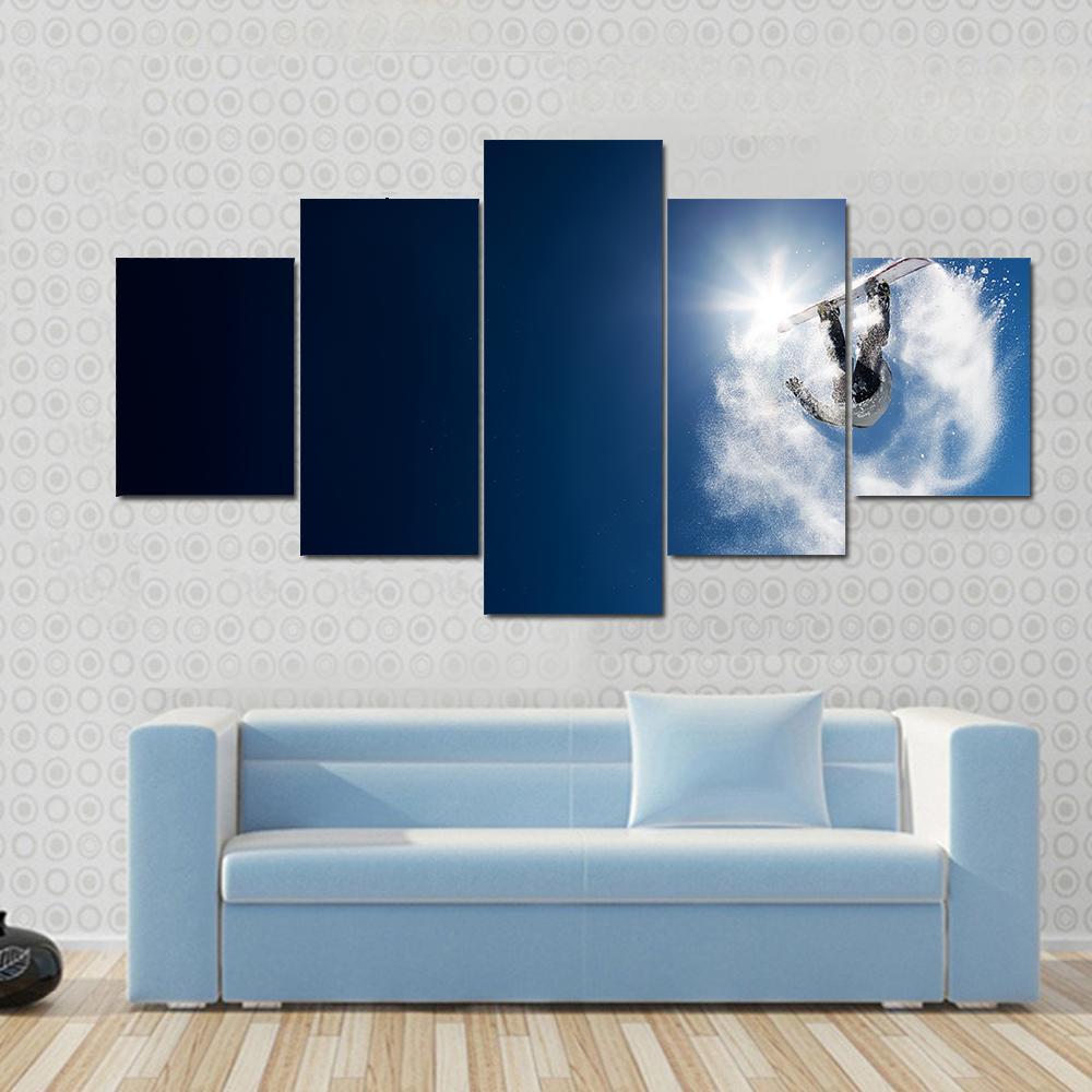 Snowboarder Making High Jump Canvas Wall Art-5 Star-Gallery Wrap-62" x 32"-Tiaracle