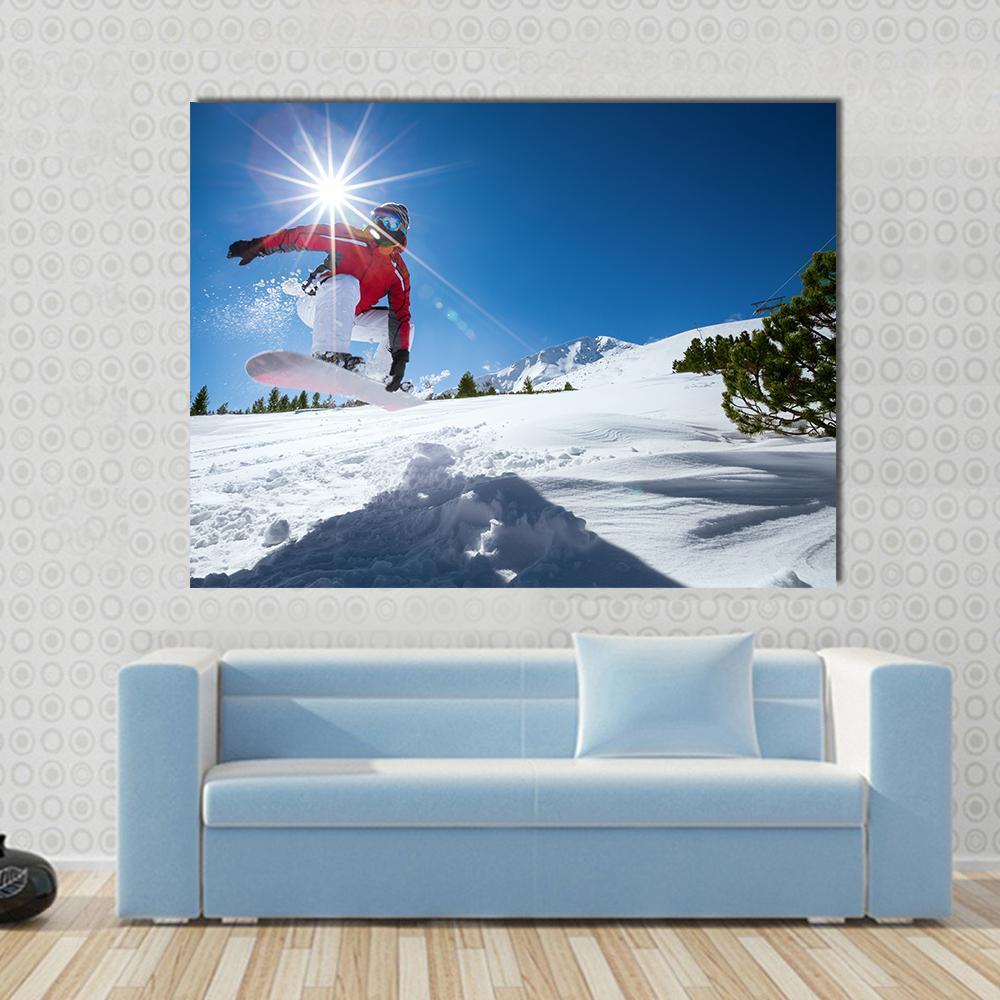 Snowboarder Taking A Jump In Fresh Snow Canvas Wall Art-1 Piece-Gallery Wrap-36" x 24"-Tiaracle