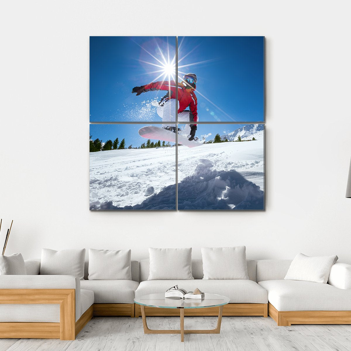 Snowboarder Taking A Jump In Fresh Snow Canvas Wall Art-4 Square-Gallery Wrap-17&quot; x 17&quot;-Tiaracle