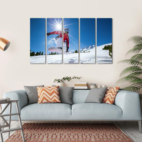 Snowboarder Taking A Jump In Fresh Snow Canvas Wall Art-5 Horizontal-Gallery Wrap-22&quot; x 12&quot;-Tiaracle