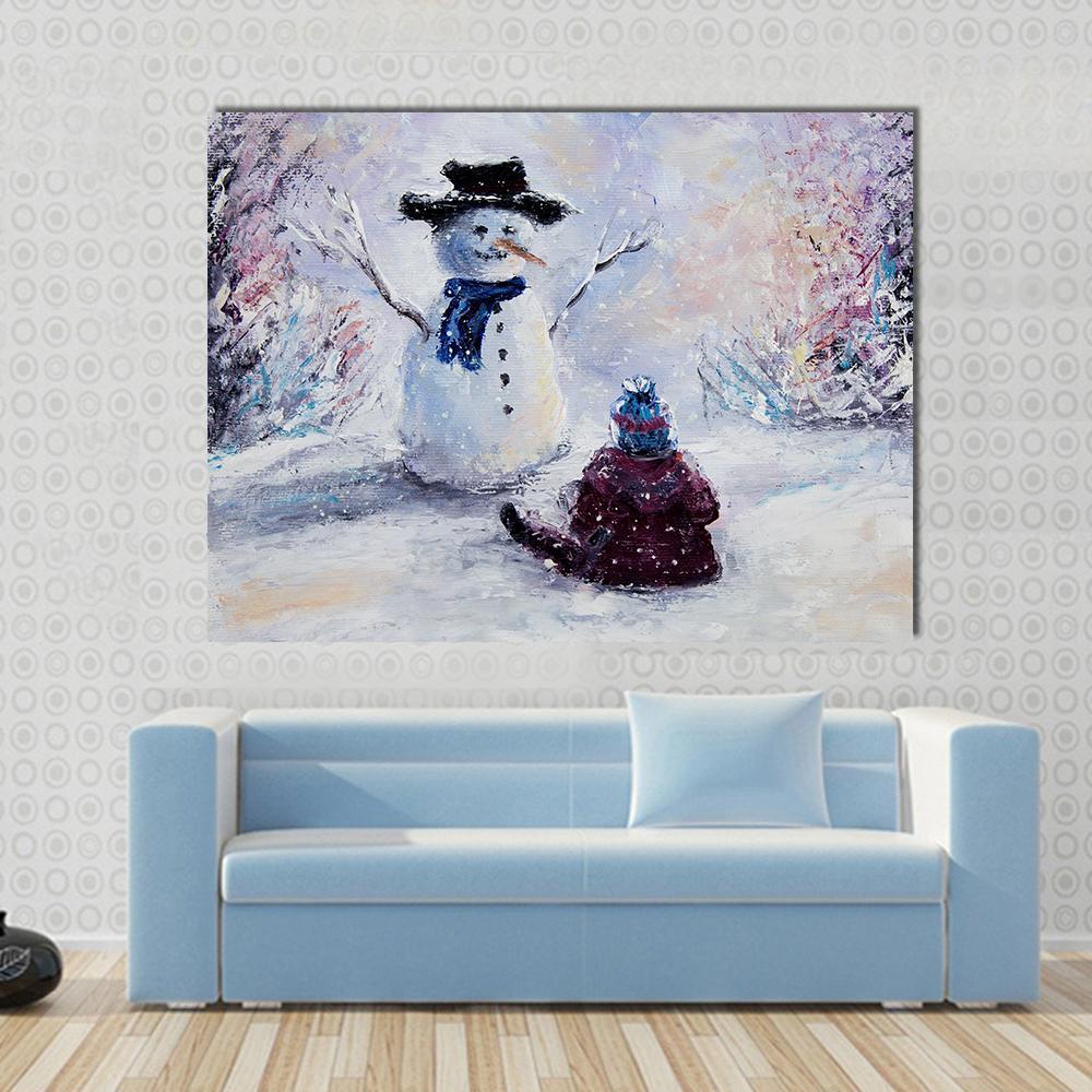 Snowman &amp; Child Canvas Wall Art-1 Piece-Gallery Wrap-48&quot; x 32&quot;-Tiaracle