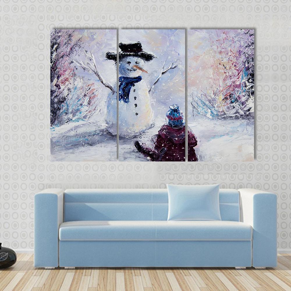 Snowman &amp; Child Canvas Wall Art-3 Horizontal-Gallery Wrap-37&quot; x 24&quot;-Tiaracle